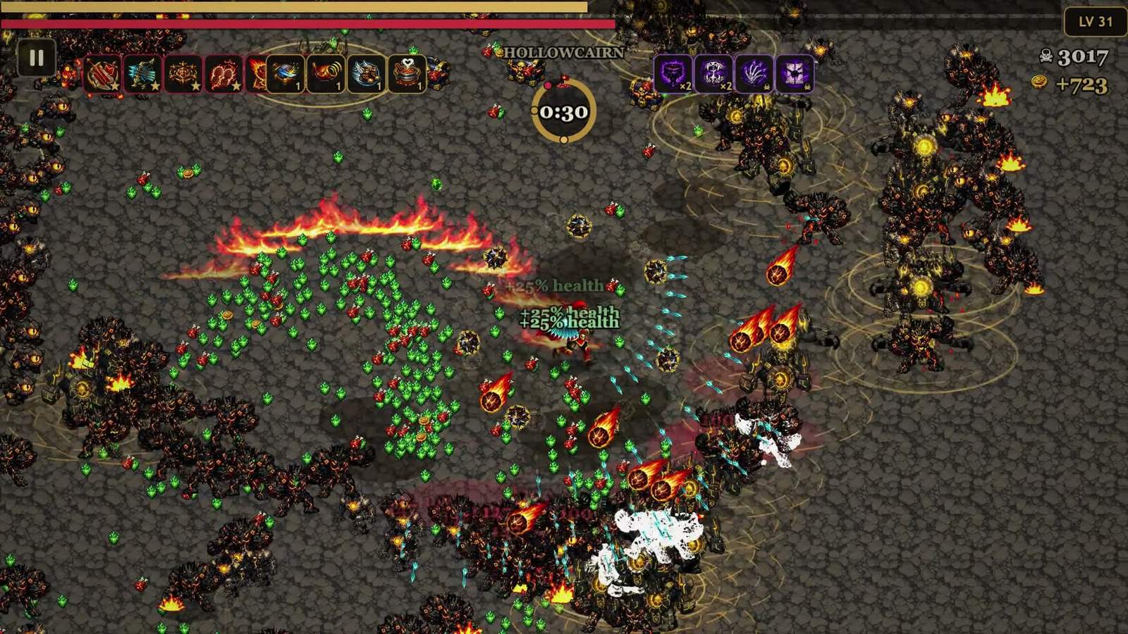 A Worldtaker march at full strength: a burning arc cuts through a Stone Husk horde while loot floods the field